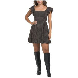 MOON RIVER Plaid Drop Waist Flutter Sleeve Mini Dress
